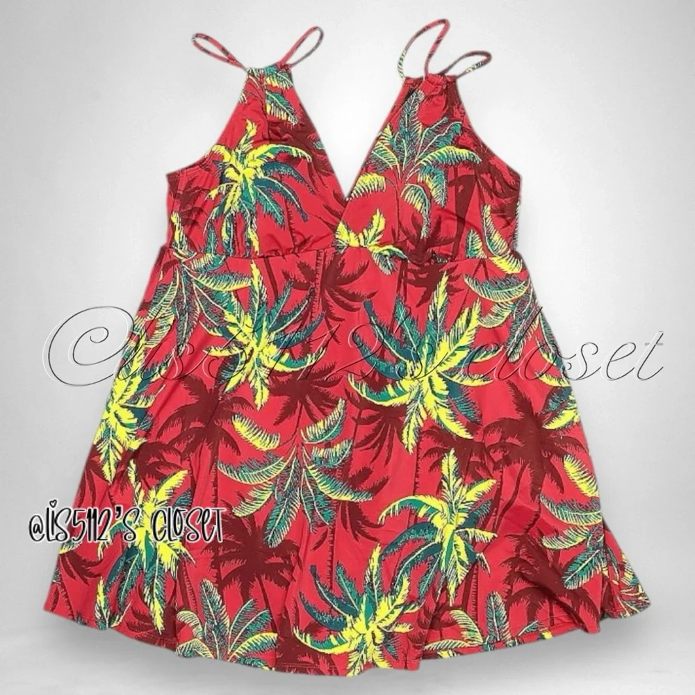 Torrid Red Tropical Shadow Retro Wireless Plunge Swim Dress Swimsuit 1X 14 16 - Picture 3 of 14